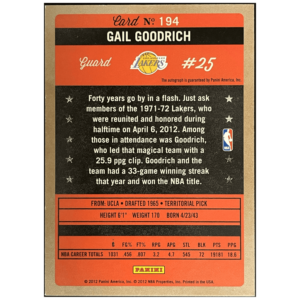 2012 - 13 Panini Past & Present Basketball Gail Goodrich Base Autograph - FALSE - Library of Cards