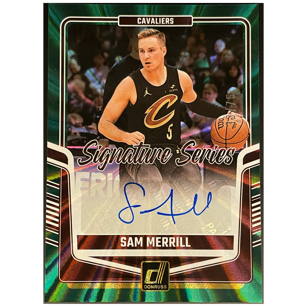 2024 - 25 Panini Donruss Basketball Sam Merrill Signature Series Holo Green Laser /75 - FALSE - Library of Cards