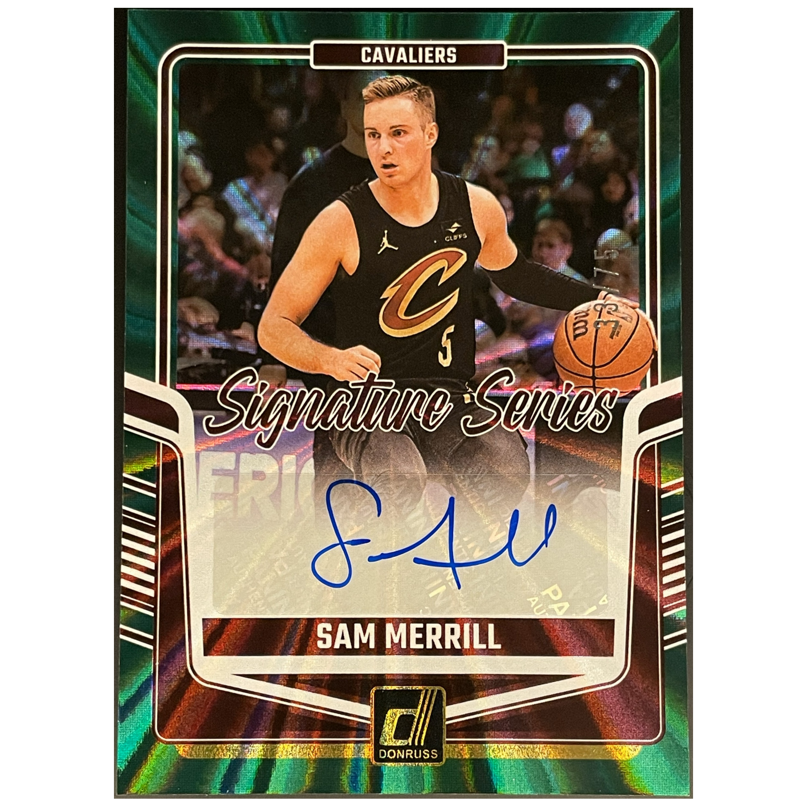 2024 - 25 Panini Donruss Basketball Sam Merrill Signature Series Holo Green Laser /75 - FALSE - Library of Cards