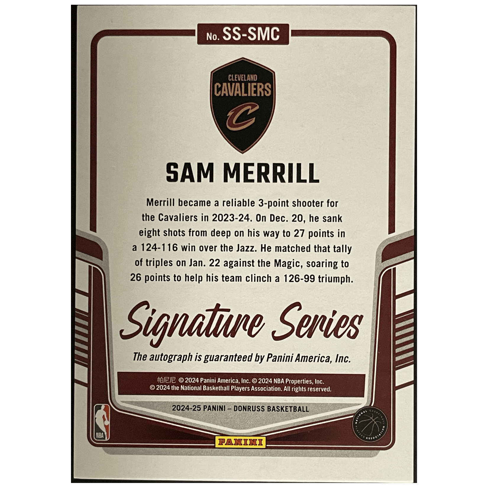 2024 - 25 Panini Donruss Basketball Sam Merrill Signature Series Holo Green Laser /75 - FALSE - Library of Cards