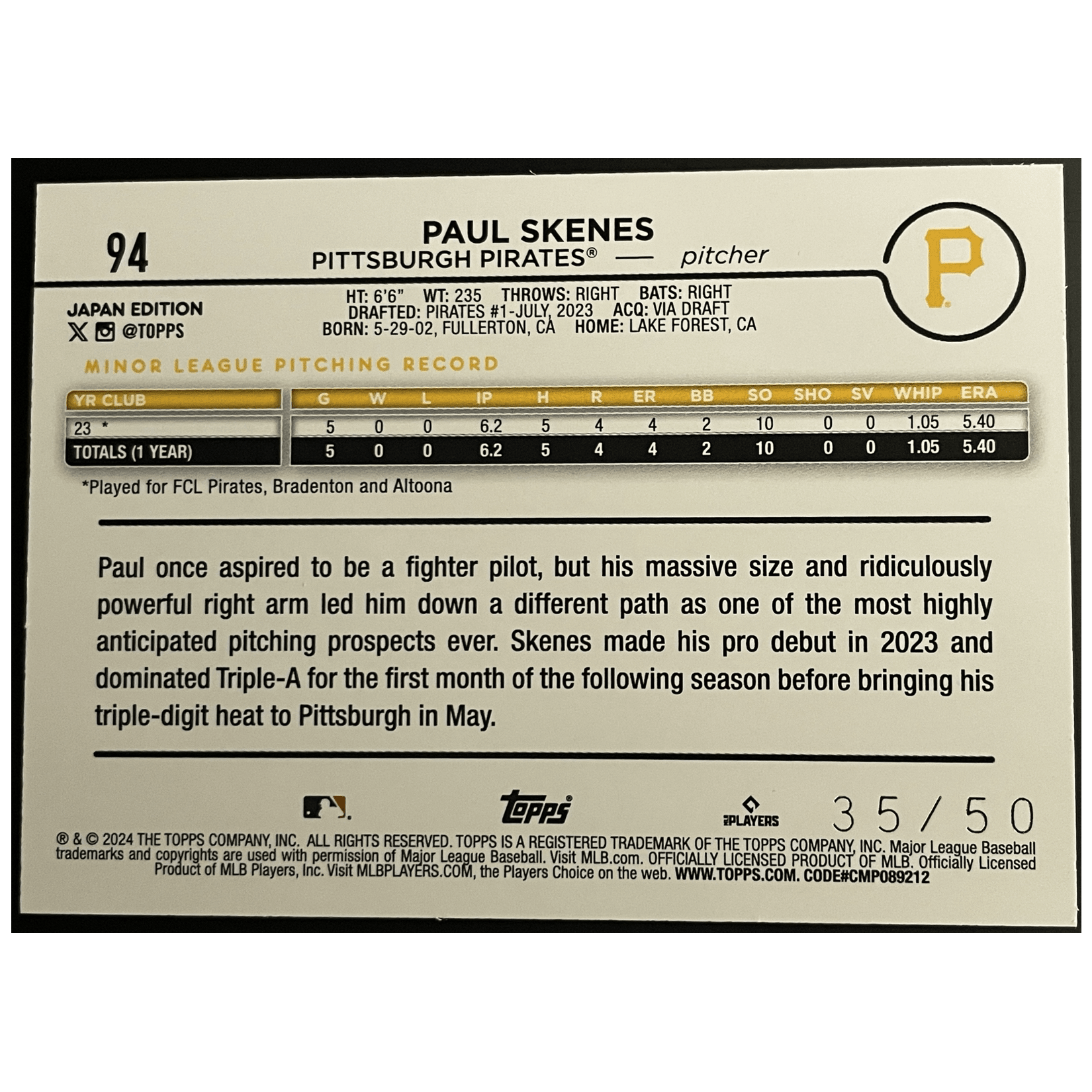 2024 Topps Japan Edition Baseball Paul Skenes RC Purple /50 - FALSE - Library of Cards