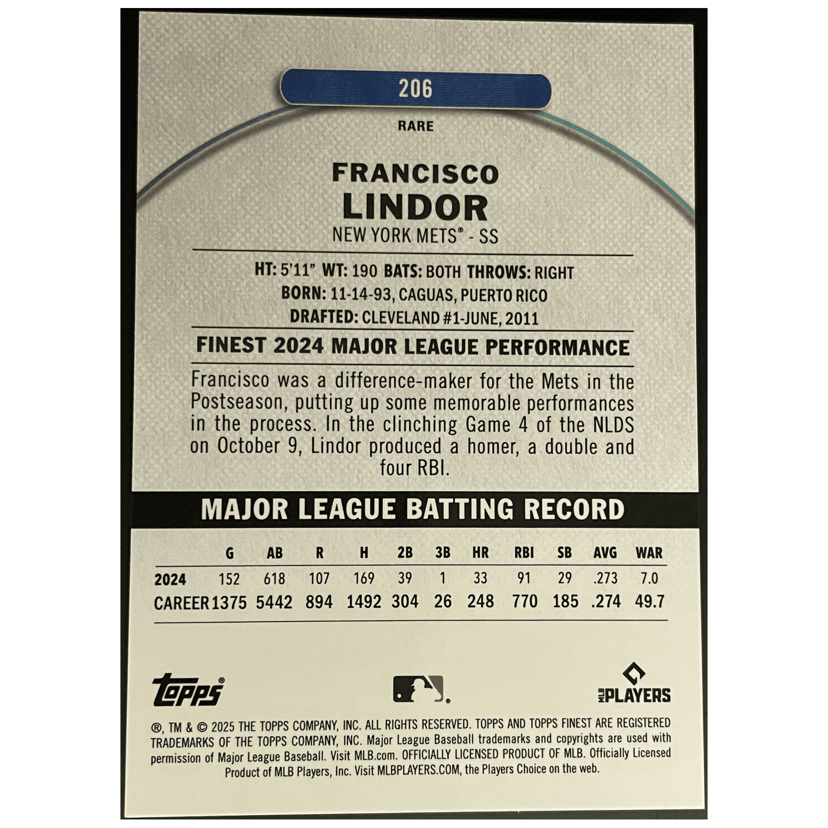 2025 Topps Finest Baseball Francisco Lindor Rare Pearl Refractor /30 - FALSE - Library of Cards