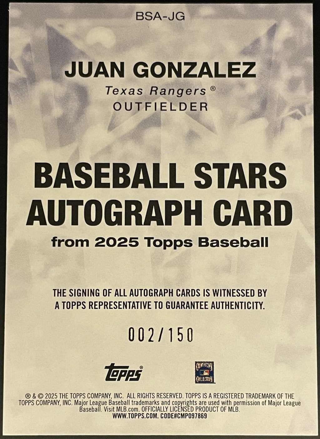2025 Topps Series 1 Baseball Juan Gonzalez Baseball Stars Autograph Blue /150 - FALSE - Library of Cards